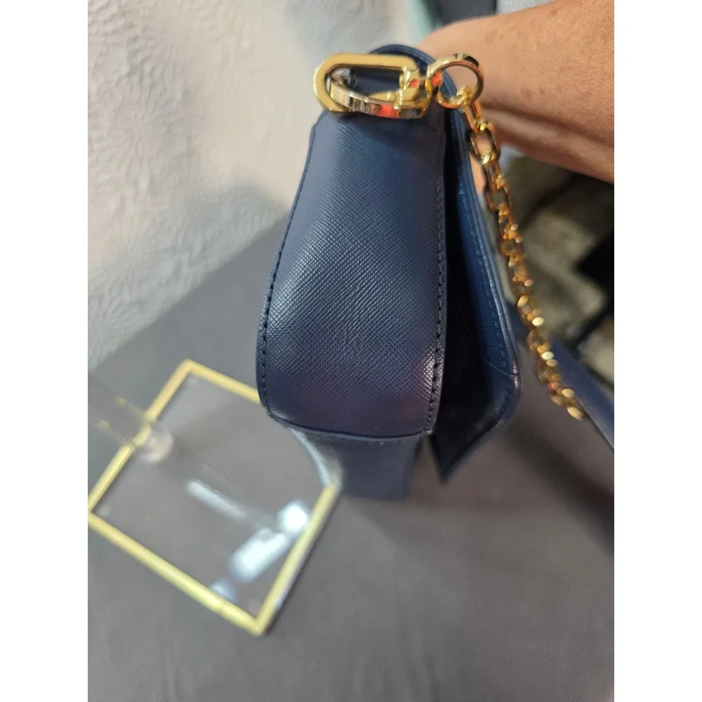 Tory Burch Robinson Patchwork Bag Womens Small Navy Blue Excellent Crossbody